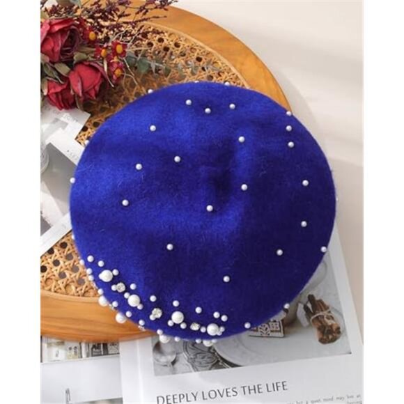 Women\'s French Wool Beret with Pearl & Rhinestone Embellishments Beanie Cap